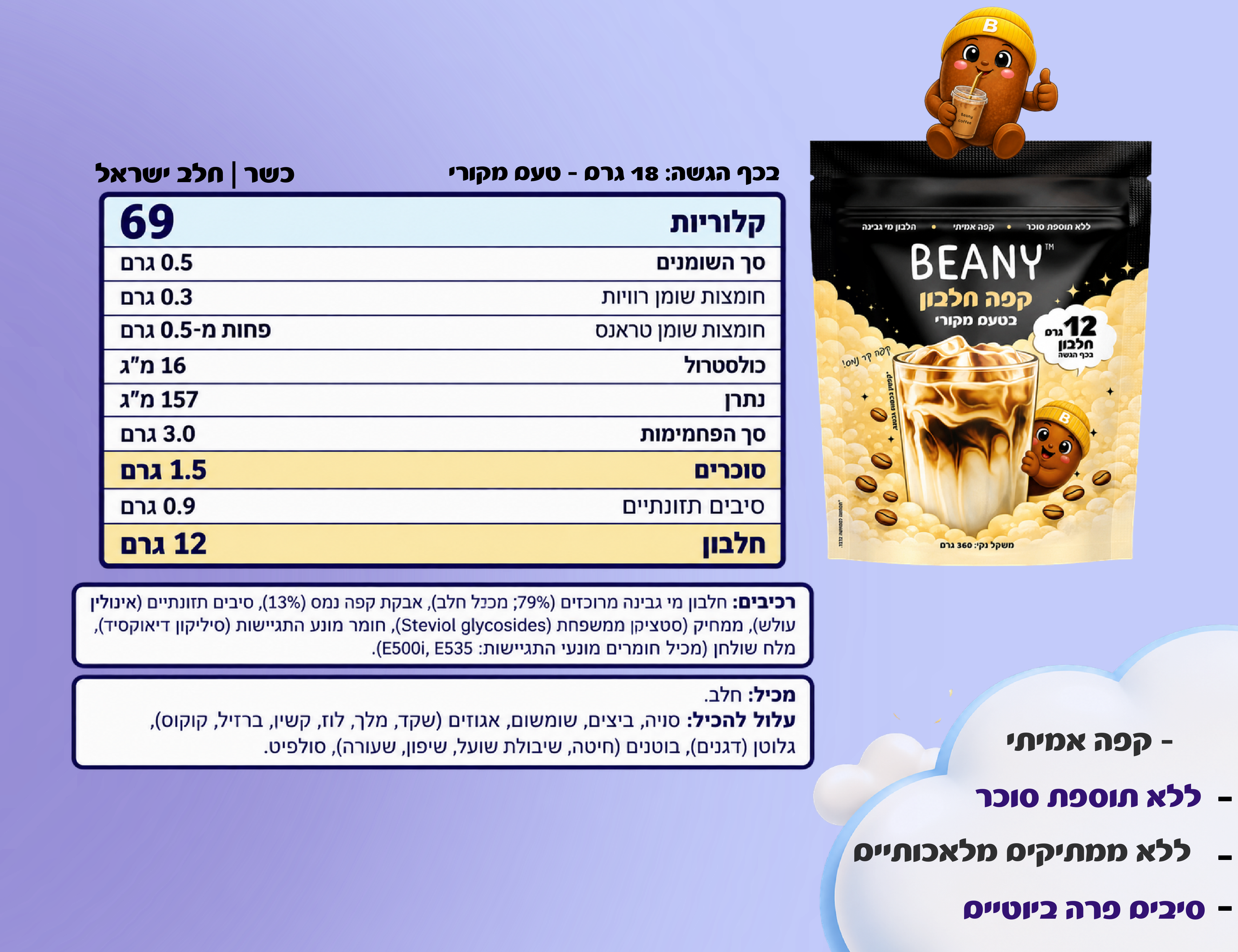 תווית ערכים תזונתיים — Beany protein coffee - בטעם מקורי
